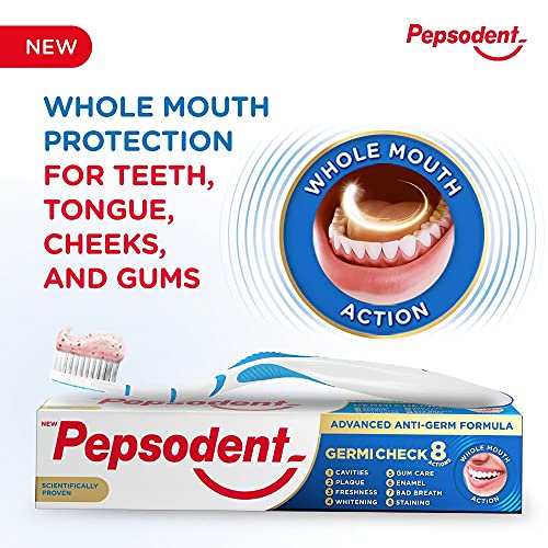 Image of Pepsodent Germicheck Toothpaste, Freshness, Whitening, Fresh Breath, Plaque, Freshens Breath, Longlasting, Reduces Stains, 100G+25 Gm Free