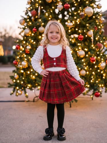 Image of Toddler Girls Fall Winter Outfits Girls Puff Sleeve Knit Ribbed Tops Button Down Vest Plaid Skirt Set Fall Clothes