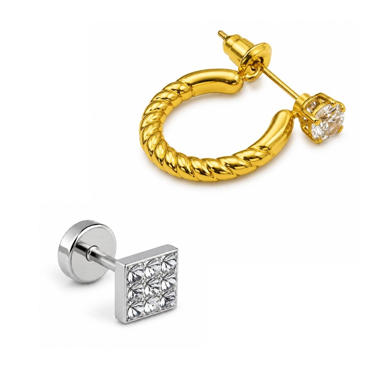 adhvik Combo of Men Silver Square & Golden Rope Style With Stone Ear Earrings & Studs, Crystal Stone Design, Trendy Daily Wear-picture-18
