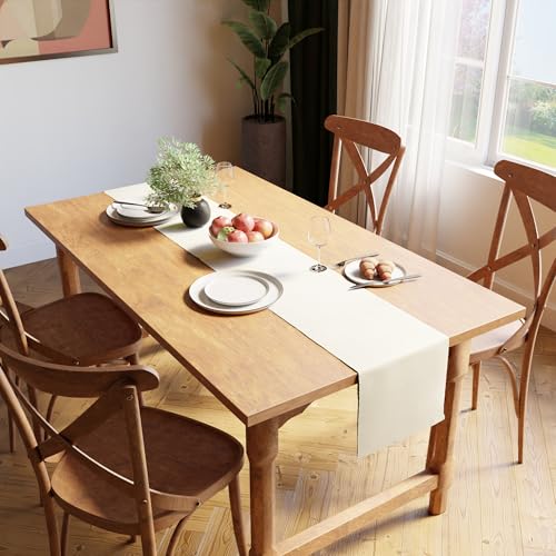 Image of Encasa XO Dining Table Runner for 4 to 6 Seater| Yarn Dyed Fine Ribbed Cotton | Size 32x183 cm | Solid Off White | Machine Washable
