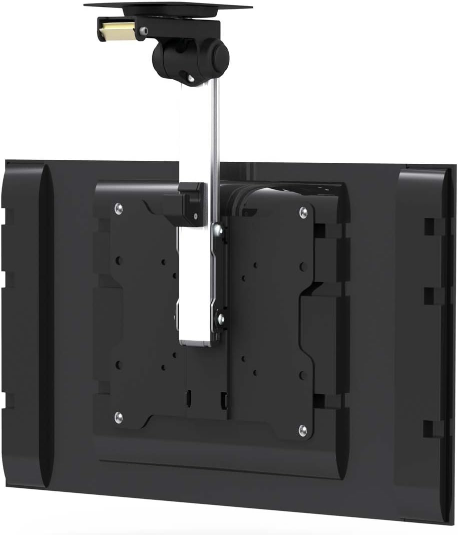The InstallerParts Folding TV Ceiling Mount with a TV attached, shown in its folded-up position against the ceiling.