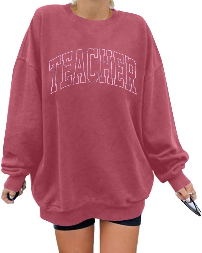 BANGELY Teacher Sweatshirt Women Oversized Retro Teach Crewneck Shirt Embroidery Teacher Life Pullover Long Sleeve Tops