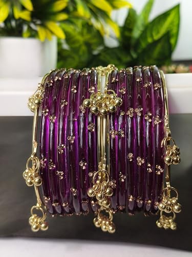 Image of NMII Viral Multi Colour Glass Bangles with Golden Ghungroo Charms & Stone Work For Women & Girls | Fancy Designer Glass Bangle | Traditional Chudi | Kanch Ki Churi | Stylish Ghungroo Bangle For Women