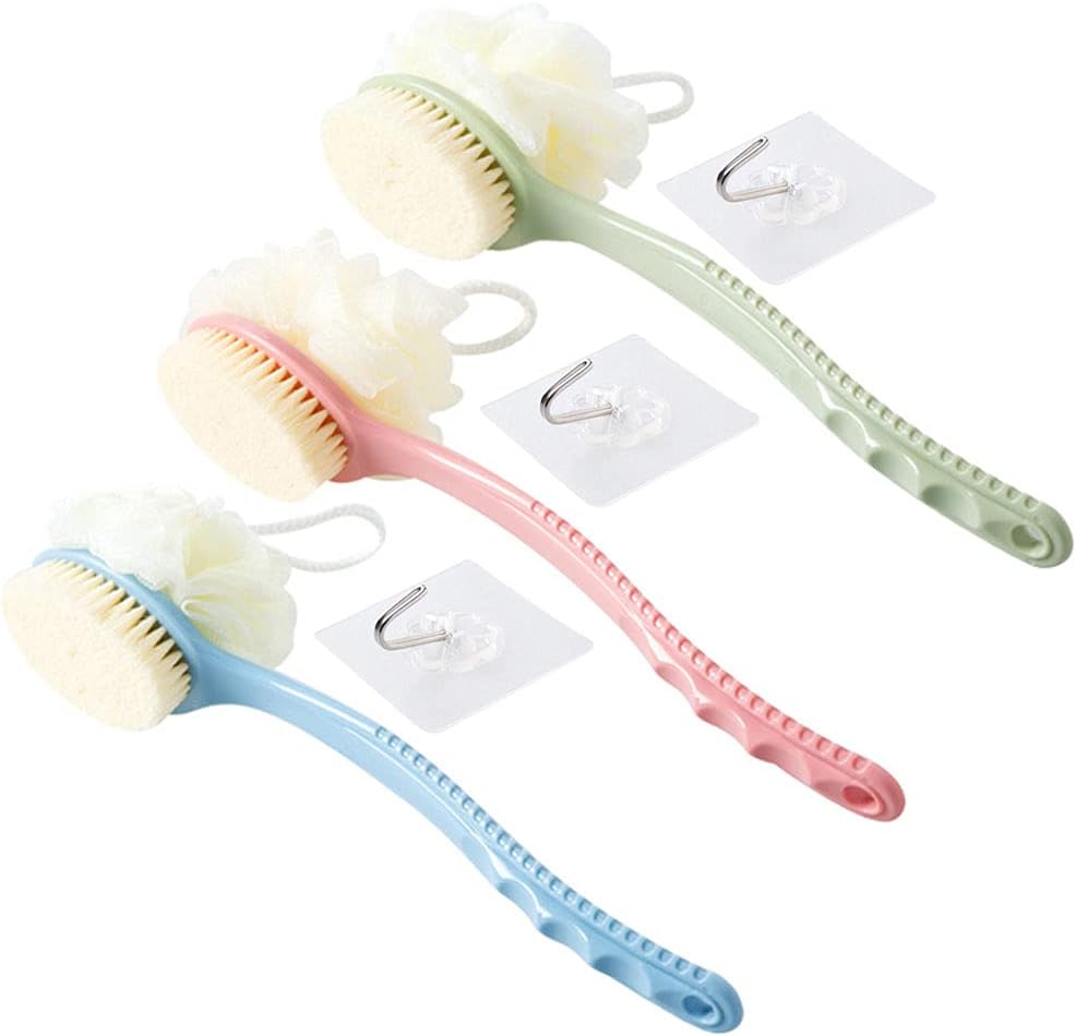 GEOOT Shower Body Brush with Bristles and Loofah,Back Scrubber Bath Mesh Sponge with Curved Long Handle for Skin Exfoliating Bath(3Pack)