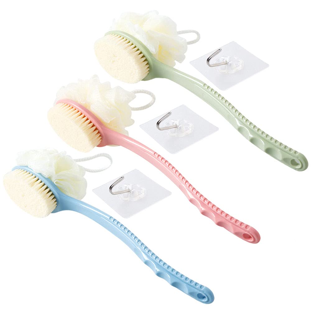 GEOOT Shower Body Brush with Bristles and Loofah,Back Scrubber Bath Mesh Sponge with Curved Long Handle for Skin Exfoliating Bath(3Pack)