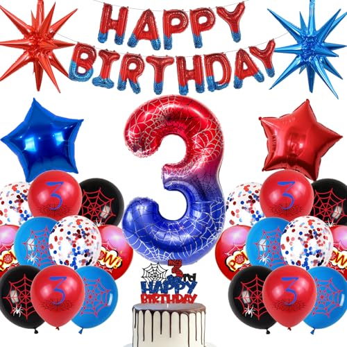 Decoração de aniversário balões Spider 3 anos, balão de alumínio gigante número teia de aranha, festa decoração de aniversário para crianças balões Banner balão de látex (conjunto de aniversários