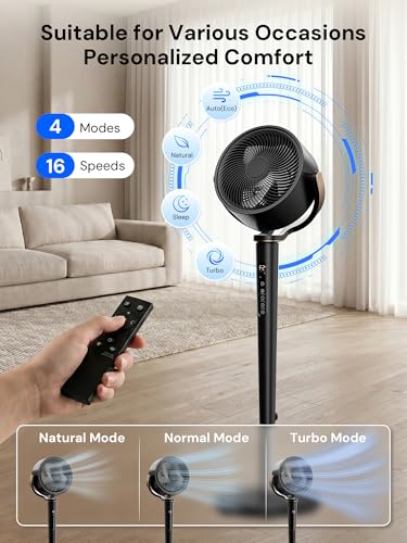 Image of Uthfy 38-46 inch Oscillating Fan for Bedroom, 120+120 Full-Automatic Oscillation, Height Adjustable, 120FT, DC Motor Quiet Standing Fan wit Remote, 16 Speeds, 4 Modes, 12H Timer, Black