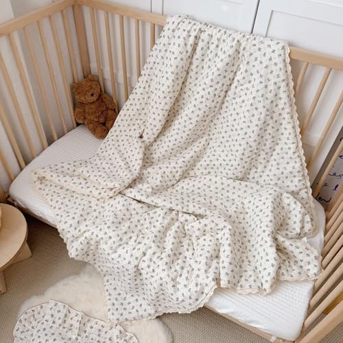 Image of BuLuTu Pink Bellflower Print Muslin Cotton Quilted Blanket for Girls Boys Lightweight Soft Crib Blankets Toddler Comforter for Toddlers Kids Children, All Seasons, 47x59 Inches