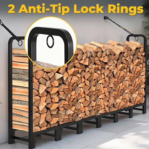 Amagabeli 8ft Firewood Log Rack Outdoor Heavy Duty Logs Holder for Fireplace Indoor Outdoor Adjustable Wood Racks for Fire Wood Holder Metal Pile Stand Storage Stacker Organizer Black - Thumbnail 3