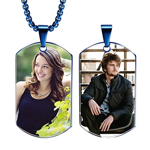 Phocksin Custom Dog Tags Blue Necklace 2 Sides Image With Resin Cover Personalized Picture- Stainless Steel Pendant Necklace Jewelry For Boyfriend & Girlfriend #TOP19