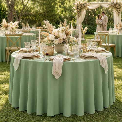 Image of WNINK 2 Pack Sage Green Round Tablecloth, 84 Inch Disposable Plastic Table Covers, Sage Green Round Table Cover for Wedding, Baby Shower, Bridal Shower, Birthday and Garden Party Supplies