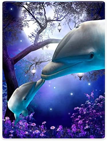 SXCHEN - Soft Fleece Blanket, 100% Microfiber, Polyester, Late Night Forest Blue Whale 2 Dolphins, 60x80 inch, Machine Wash