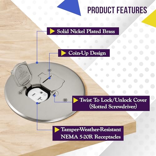 ENERLITES Dual Flip Lid Floor Box Cover, 5.625" Diameter, 20A Tamper-Weather Resistant Receptacle Outlet, Watertight Gaskets, 975517-S, UL Listed, Nickel Plated Brass, 1 Gang by ENERLITES - Used condition - Image 2