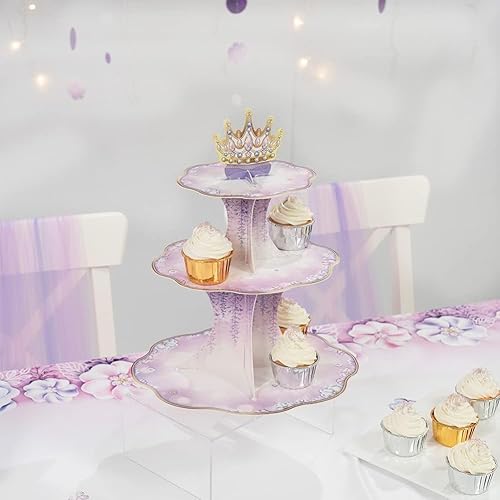 Miniatura 7 de Cheerland Soporte para cupcakes morados, decoraciones de fiesta de cumpleaños Rapunzel de princesa enredada, decoración de pastel dorado, 3 niveles,
