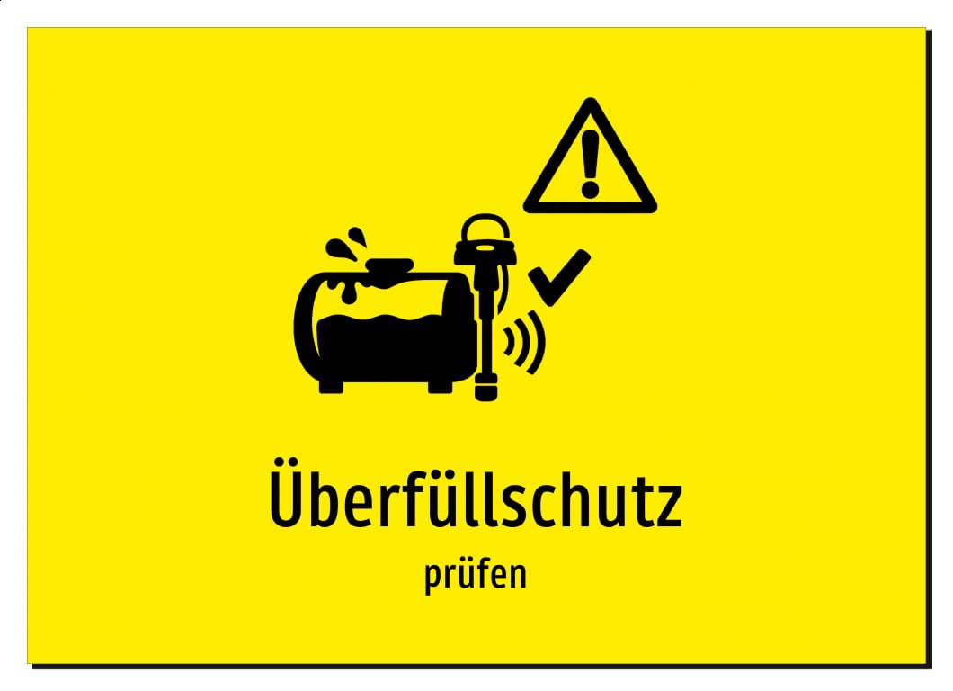 36509-DE-S-07 | Überfüllschutz - prüfen | Aluminiumschild A4, 297 x 210mm | mit Symbolgrafik und Text