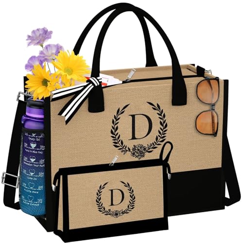 Initial Canvas Tote Bag Makeup Bag, Beach Bag with Zipper, Personalized Mothers Day Gifts for Mom Grandma