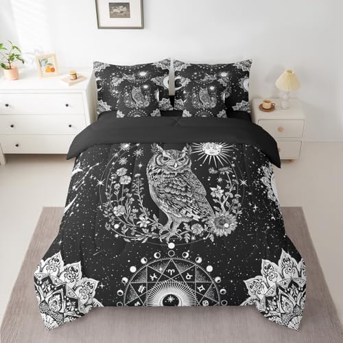 Feelyou Sun Moon Owl Bed in a Bag with Comforter, King Size 7Pcs 3D Animal Printed Bedding Set with Comforter, Women Men Ultra Soft Bird Decor Comforter Cartoon Owls Room Decor