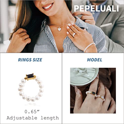 Pepeluali Freshwater Pearl Rings With Black Zircon Stones - Fashion Cultured Baroque Pearl Stackable Rings, Adjustable Stretch Pearl Beaded Cute Ring Gift For Womens Girls #TOP6