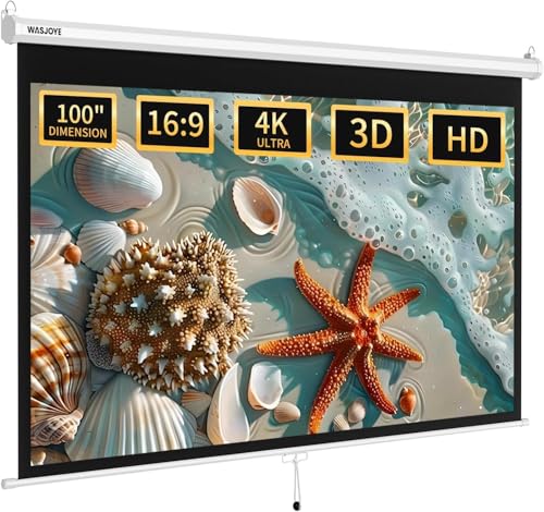 WASJOYE Pantalla de Proyección Manual - Projector Screen Enrollable Telescópica Universal de 100 Pulgadas, Lona Proyector con Bloqueo Automático, Altura de Pantalla Ajustable, Borde de Sombra Negro