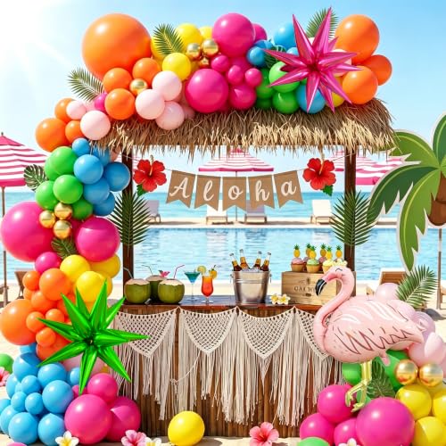 Image of 157PCS Flamingo Tropical Luau Balloons Arch Garland Kit, Olive Green Hot Pink Orange Blue Yelloow Gold Balloons with Foil Star Balloons for Summer Beach Aloha Pool Party Decorations Supplies