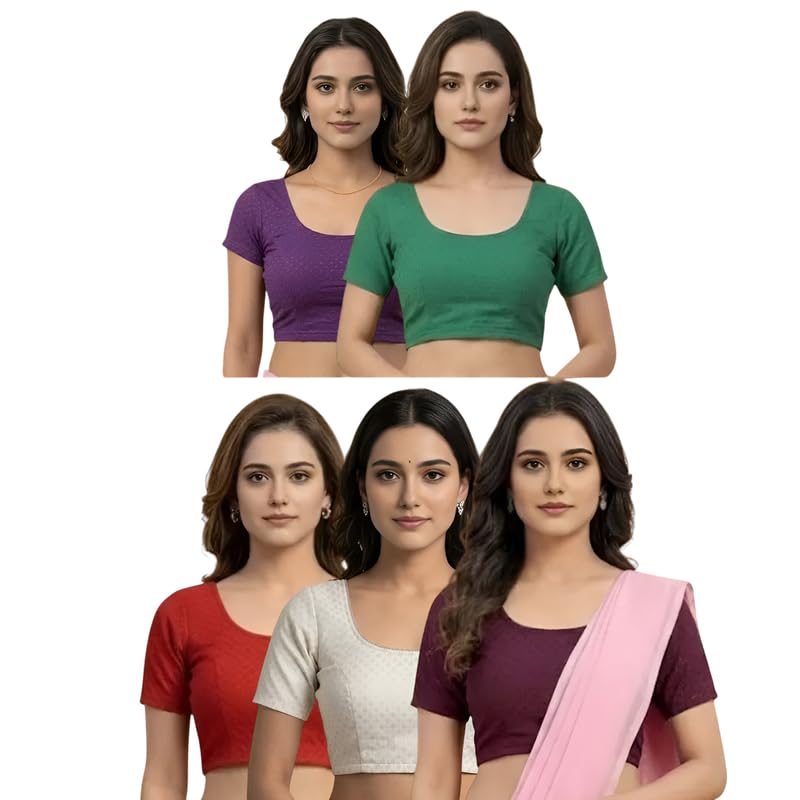 Stretchable Readymade Round Neck Short Sleeve Saree Blouse Combo 5-image-4