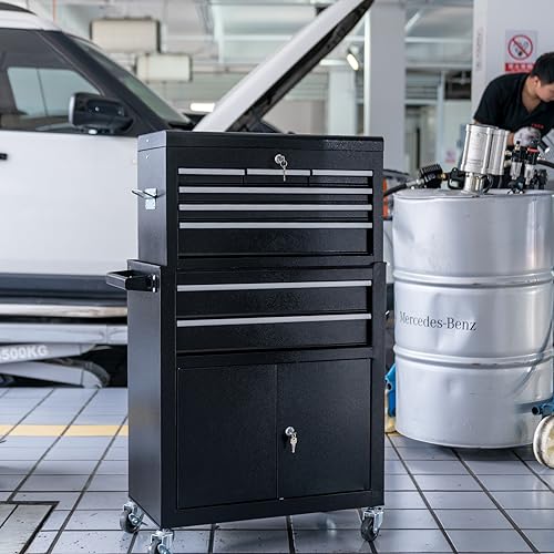 WAYTRIM 8-Drawer Rolling Tool Chest, Tool Storage Cabinet, Detachable Organizer Combo, Side Hooks & Drawer Liners, w/Wheels Lock & Key, Tool Storage Organizer Box for Garage, Repair Shop (Black)