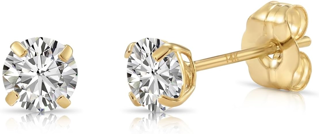14k Yellow Gold Solitaire Round Cubic Zirconia CZ Stud Earrings with Gold butterfly Pushbacks