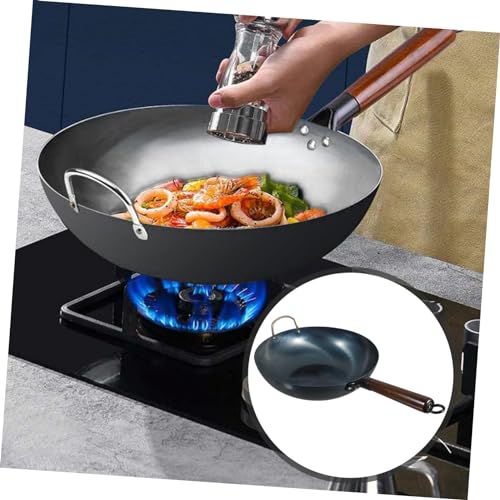 Wok de hierro con mango de madera antiadherente y fondo plano miniatura 5