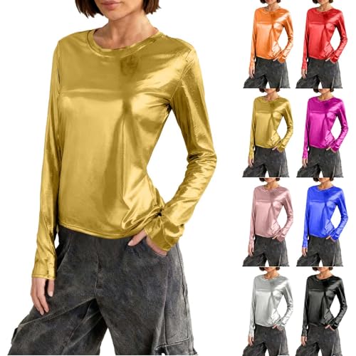 Metallic Tops for Women Long Sleeve Shimmer Disco Party T-Shirt Slim Going Out Club Sparkly Blouses Concert Outfit Holiday Outfits for Women Gold XL