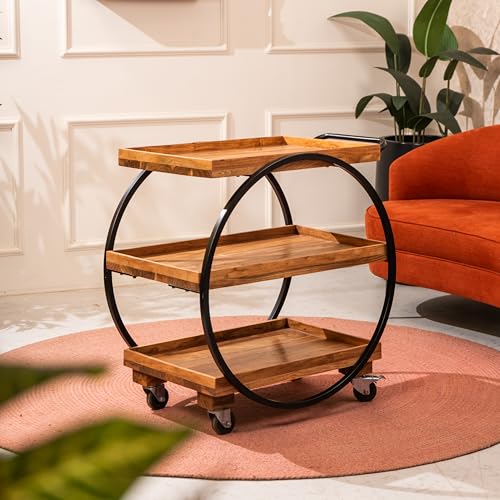 Image of DIY PopnRoll Trolley - Acacia Wood and Metal Trolley with Wheels - Multipurpose Mobile Serving Trolley for Parties, Dining, and Home Bar (32.5x19.75x32.75 inches)
