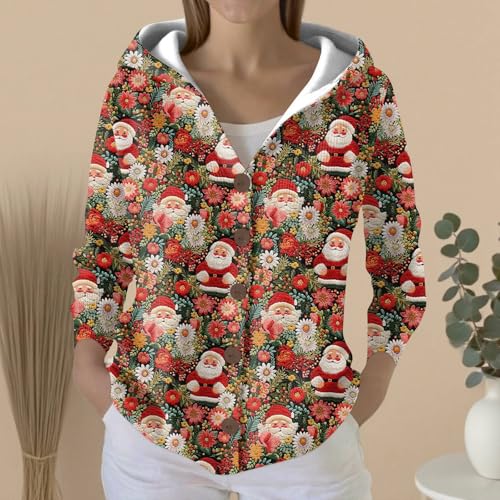 Charming Red Hooded Christmas Jacket - V-Neck Button-Down Cardigan Sweater for Cozy Winter Gatherings (XX-Large) - Image 2