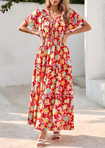 KIRUNDO Spring Summer Wedding Guest Dresses for Women 2026 Boho Floral Short Sleeve V Neck Ruffle Tiered Flowy Maxi Dress(Wine Red, Large) — view 5