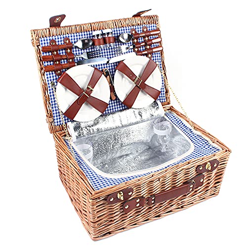 Large Handmade Brown Picnic Basket Set for 4