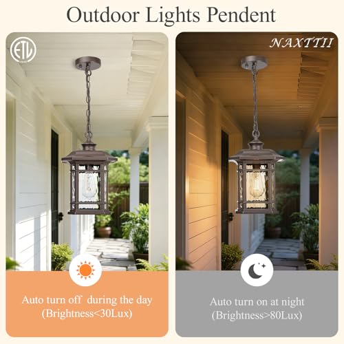 Image of Waterproof Outdoor Hanging Lantern Light 13.8 Inch Large Outdoor Pendant Light with Adjustable Chain Dusk to Dawn Aluminum Hanging Porch Light with Water Ripple Glass E26 Socket