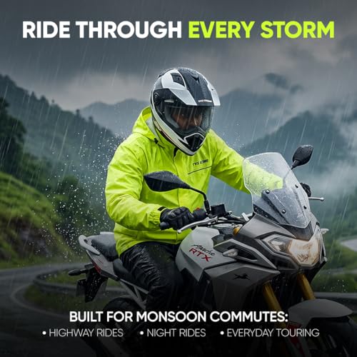 Image of TVS Racing Rainshield Pro Rain Jacket | Lightweight Waterproof Rain Coat for Men | Compact Rain Jacket for Boys & Girls | Windproof Riding Rain Coat with Reflective Details - Neon