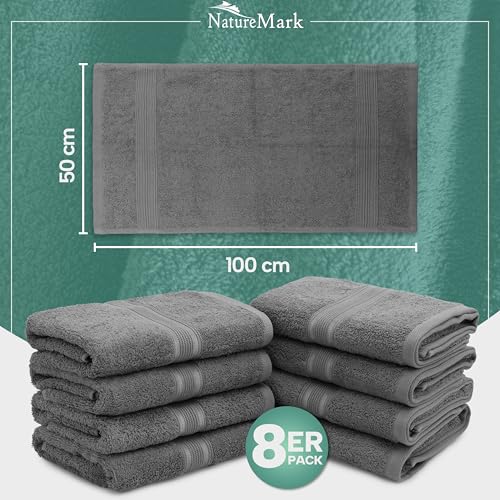 NatureMark 8 Handtücher Set - 100% Baumwolle - Saugfähige und langlebige Handtücher, Größe 50×100 cm, Anthrazit Grau
