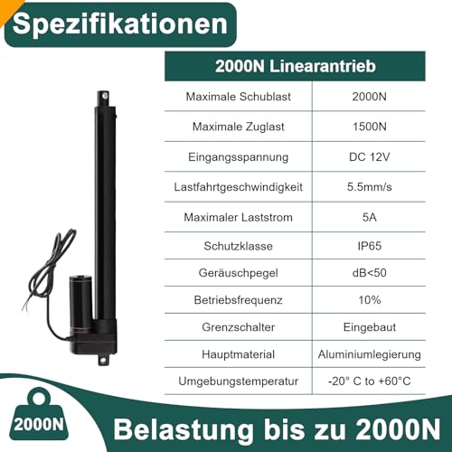 Actuador lineal de 12V 2000N con carrera de 100mm y soportes 3