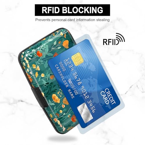 Image of Card Holder Credit Cards Holder for Women RFID wallet women Business Card Holder Wallet Mini Aluminum Card Wallet RFID Blocking Slim Metal Hard Card for Women, Flowers and Plants