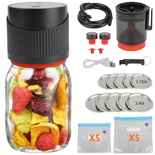 Mason Jar Machine à emballer sous vide électrique 4 en 1 pour bocaux avec arrêt automatique et écran LED, batterie 1200 mAh, avec bouchons, sacs, pompes à vin et accessoires