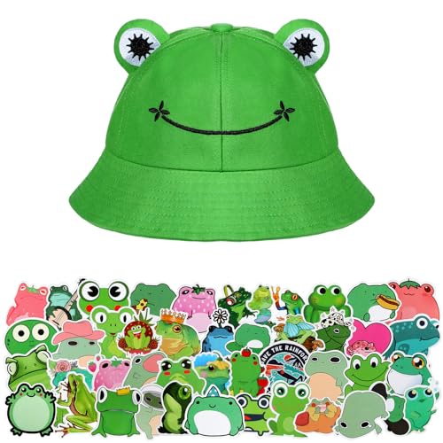 Syhood Frog Bucket Hat with 50 Stickers Fisherman Cotton Sun Protection Outdoor Wide Brim Foldable Sun Hat(Frog Style)