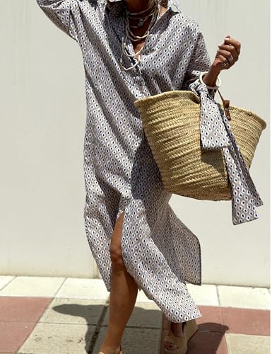 Image of Hooever Shirt Dresses for Women Casual Long Sleeve Button Down Loose Striped Cotton Maxi Shirt Dress