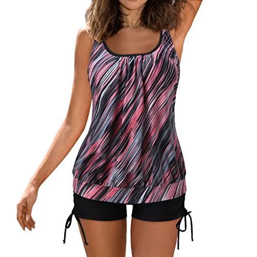 Traje de baño tankini para mujer, con cordón, estampado floral, control de abdomen de dos piezas, parte superior con pantalones cortos y pantalones cortos, conjuntos de tankini para mujer, brasier con