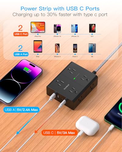 Image of Surge Protector Power Strip 25 Ft Cord, Ultra Thin Flat Extension Cord with 8 Outlets 4 USB Ports(2 USB C), Flat Plug Power Strip, 25 Ft Long Braided Power Cord for College Dorm Room Essentials-BK
