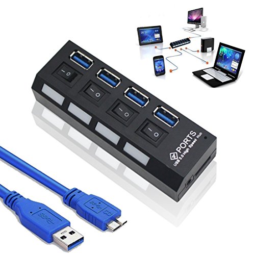 Sopoby 4 puertos USB 3.0 HUB con interruptor de encendido / apagado Adaptador de corriente para PC de sobremesa, 5Gbps de alta velocidad para Mac Windows 10 Windows 8 7 Vista XP