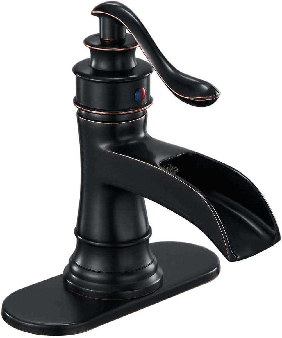 Homevacious Bathroom Faucet Waterfall Sink Faucets Oil Rubbed Bronze Single Handle Farmhouse Sink Vanity 1 Hole or 3 Hole Basin Mixer Tap Lavatory Faucet with Deck Plate - Oil Rubbed Bronze