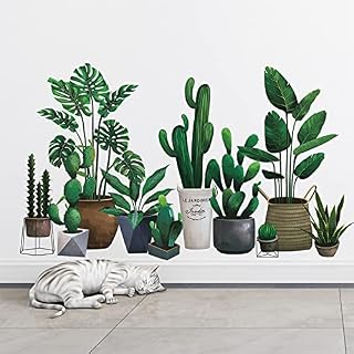 Green Pot Plants Leaves Wall Decals, Monstera Cactus Bonsai Tropical Potted Plants Wall Stickers, Removable Palm Tree Leaf DIY Art Decor Murals Decoration for Bedroom, Nursery, TV Wall