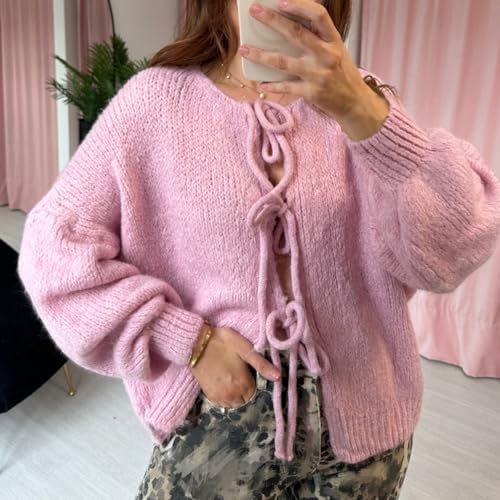 Image of Women Knitted Tie Front Cardigan Tops Casual Knitwear Top Long Sleeve Open Front Baggy Sweater Y2k Girls Outwear