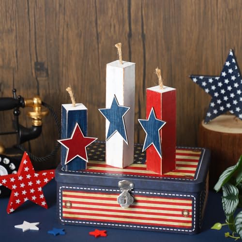 Image of Amyhill 3 Pcs 4th of July Decorations Set Wooden Patriotic Table Centerpieces Independence Day Wood Firework Fourth of July Table Signs for 250th Anniversary Home Farmhouse Decor (Vintage Style)