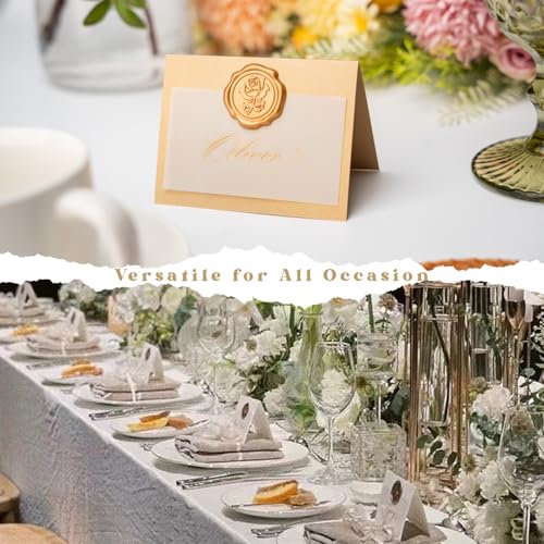 Parvigo 25 Pack Name Cards for Table Setting, Place Cards with Antique Gold Rose Wax Seal Sticker for Wedding, Table Tent Card Stock Handmade Decor for Party, Dinner, Home(Pearlized Gold) - Thumbnail 6