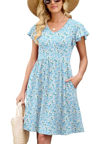 Image of Heymoments Women Summer Dresses Ruffle Sleeve Casual V Neck Swing Button Down Flowy Dress with Pockets